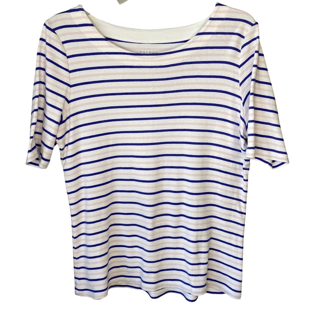 Talbots Womens Striped Boat Neck Elbow Sleeve‎ Cotton Top White Navy Pink Large